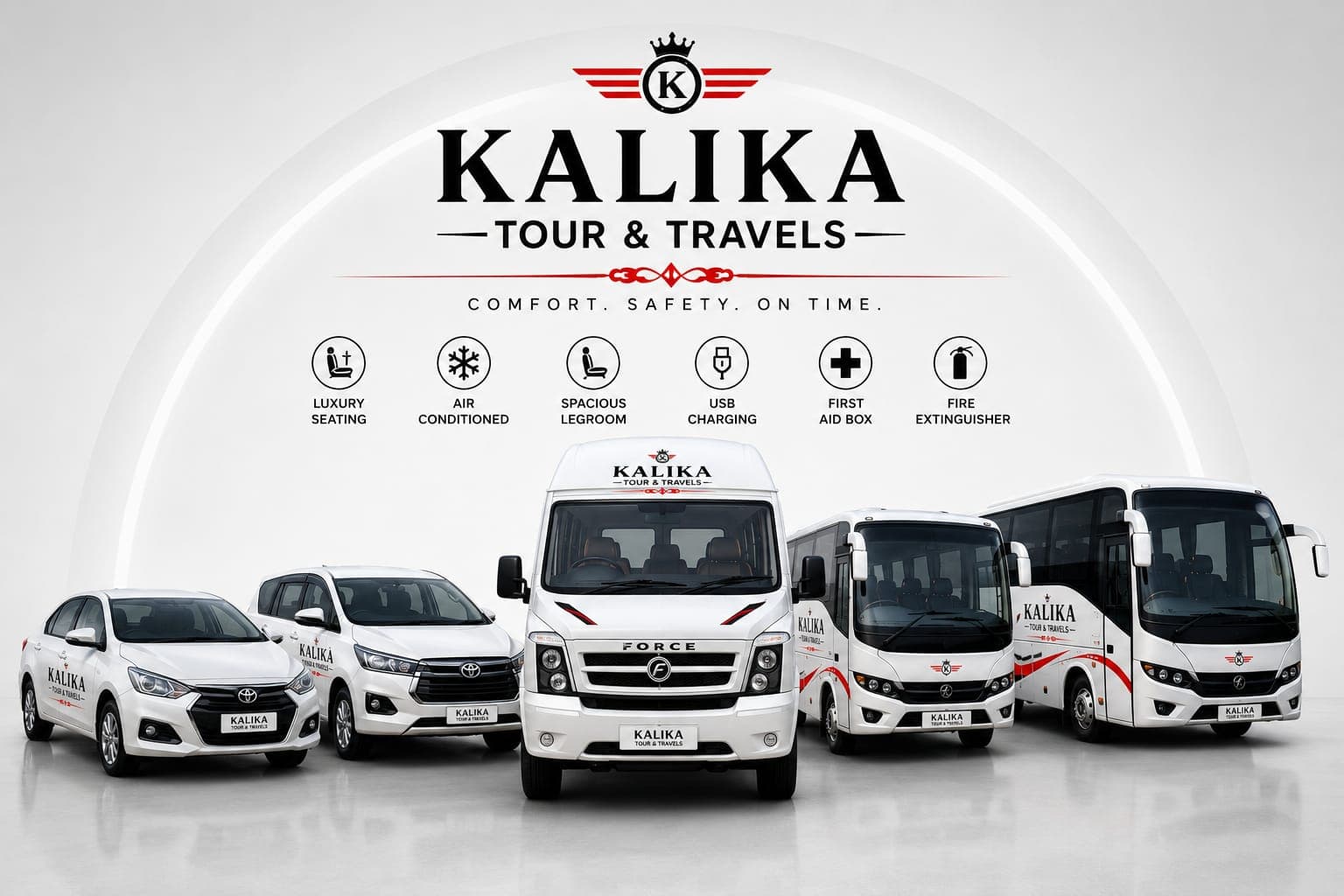 Kalika Tour & Travels fleet — cars, tempo travellers and buses with comfort, safety and on-time service